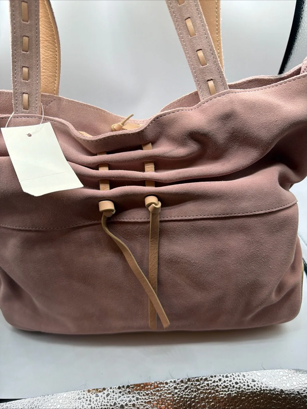J Jill Suede Drawstring Shoulder Bag Taupe Pink Leather Trim Hobo Tote NWT